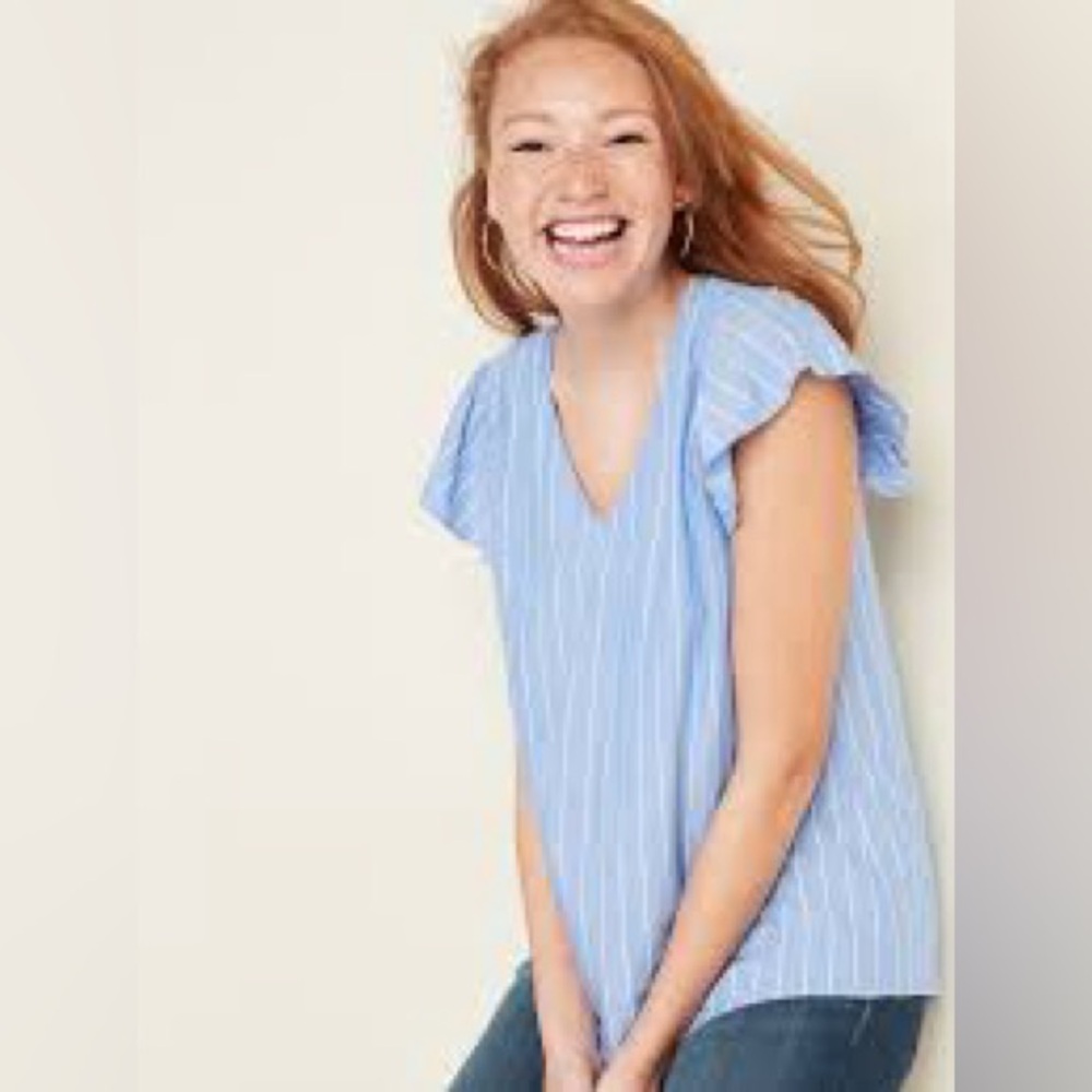 Old navy blue and white stripe Flutter-Sleeve V-Neck Top